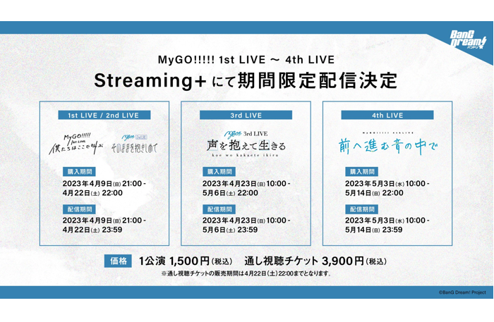 アニメ新シリーズ「BanG Dream!　It's MyGO!!!!!」放送を記念して、MyGO!!!!! 1st LIVE「僕たちはここで叫ぶ」から4th LIVE「前へ進む音の中で」まで特別有料配信が決定。