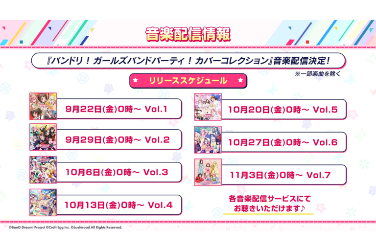 「バンドリ！ ガールズバンドパーティ！ カバーコレクション」Vol.1～7の音楽配信決定！